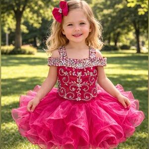 Girls Fuchsia pageant cupcake princess glitz birthday flower girl dress.